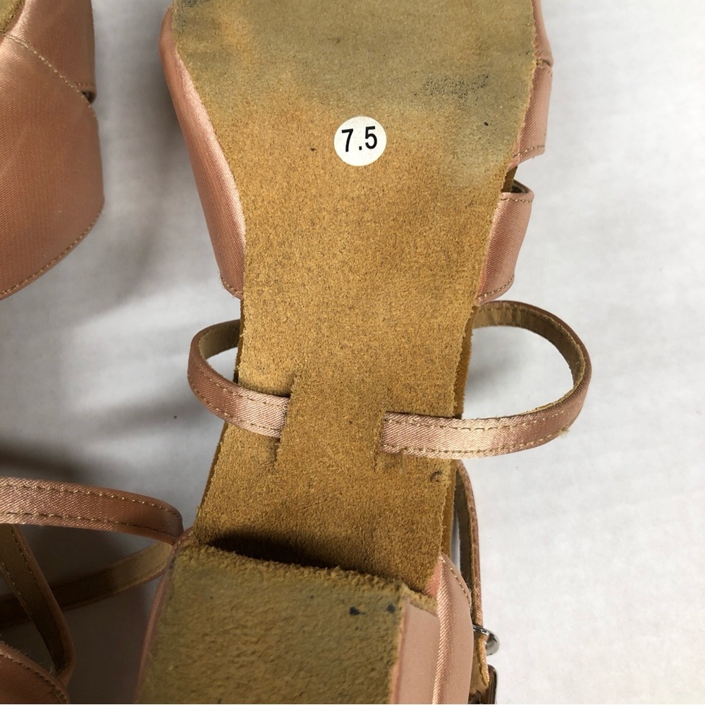 Dance Shoes 7.5 Nude Satin Sandals Rhinestone Buckles 1.5 inch heels Beige Danza - Picture 7 of 9